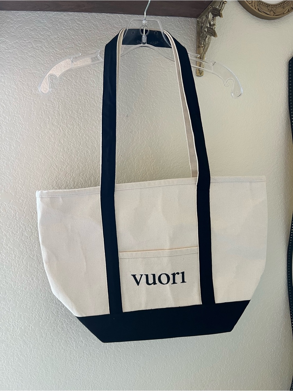 Vuori Cream and Navy Canvas Tote Bag with Front Pocket